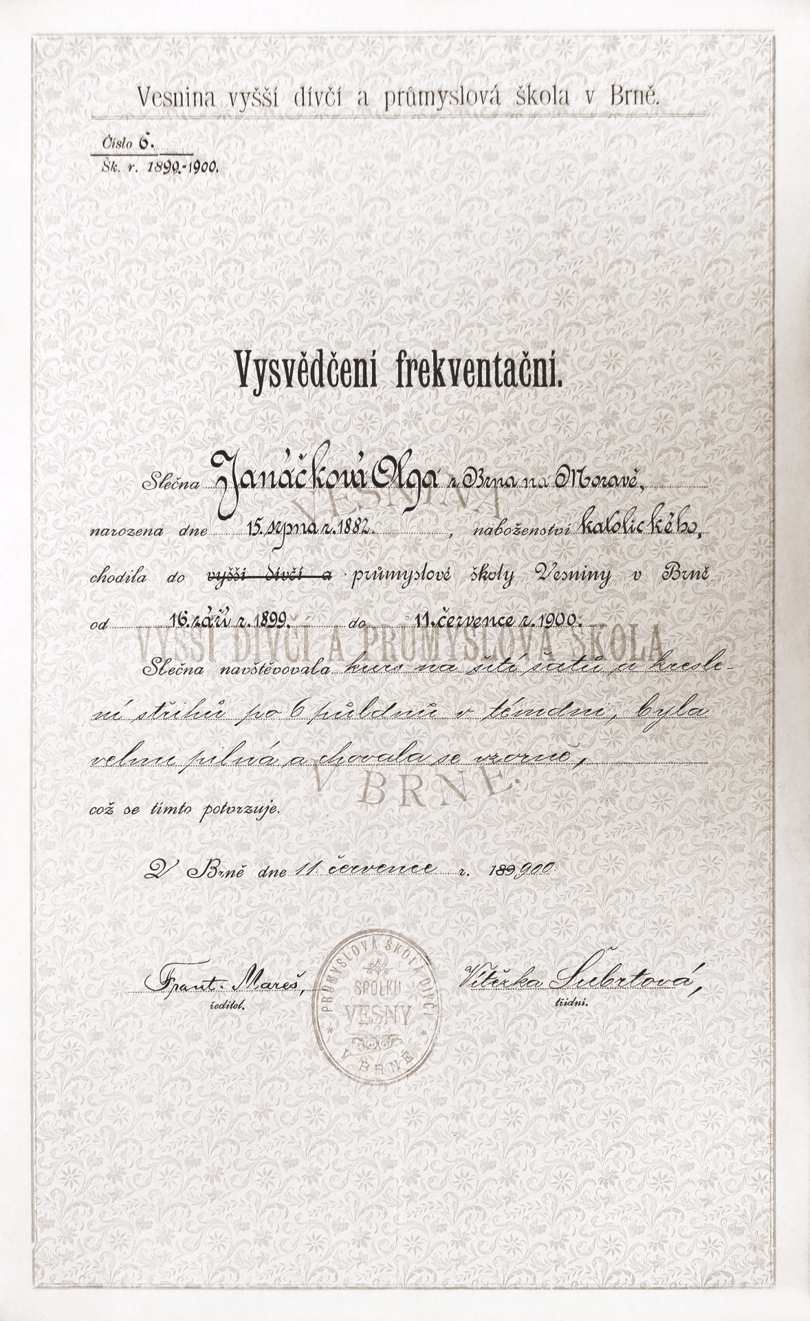 Certificado de Olga Janáčková de la escuela superior femenina e industrial de Vesna (1899) © Museo Regional Moravo