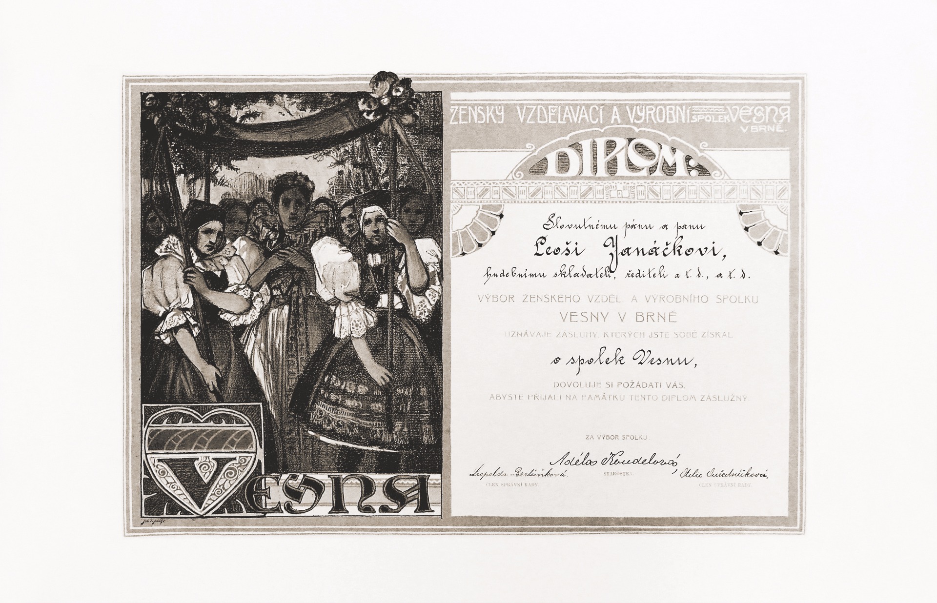 Diplom za zásluhy, který Leoši Janáčkovi udělil spolek Vesna © Moravské zemské muzeum