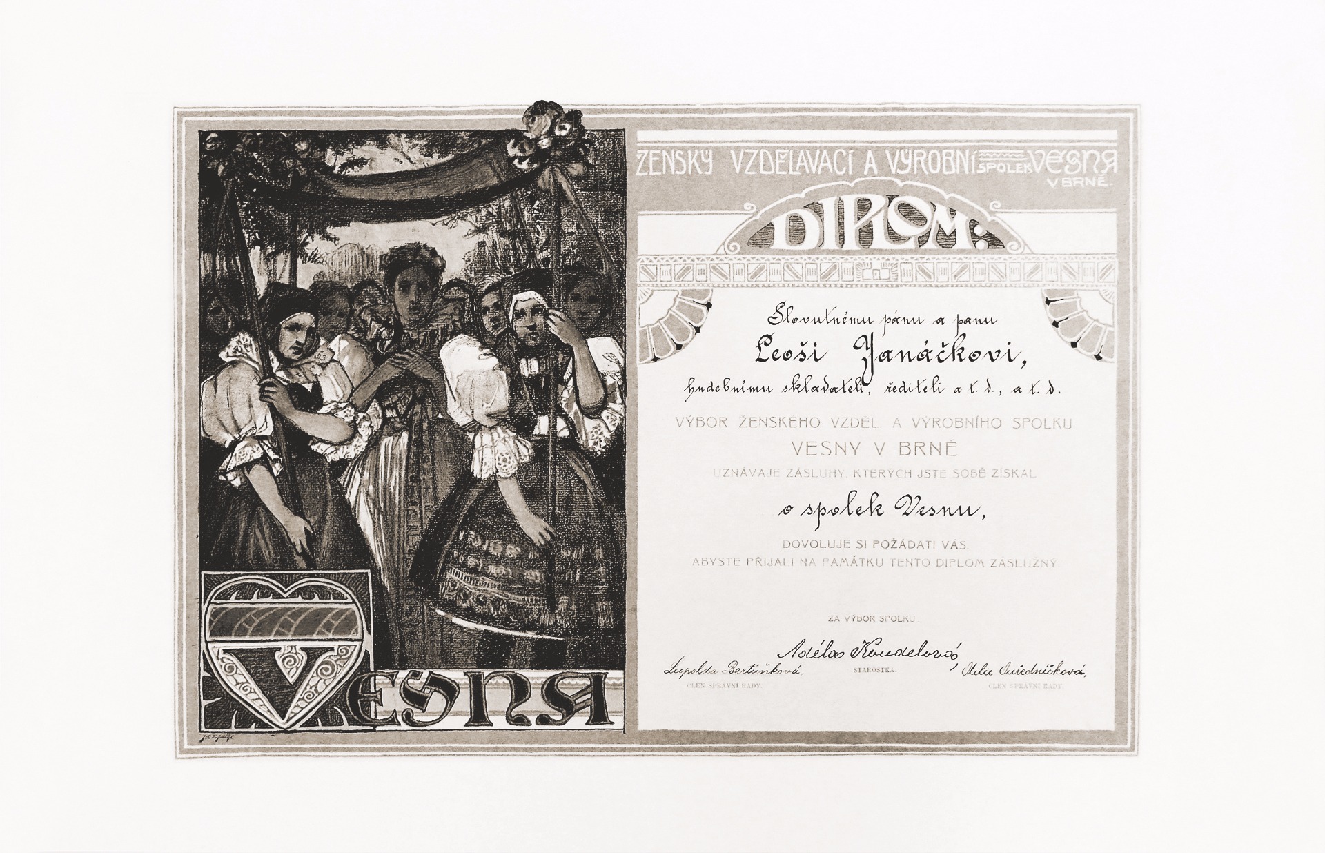  The diploma of merit which was awarded to Leoš Janáček by the Vesna association © Moravian Museum