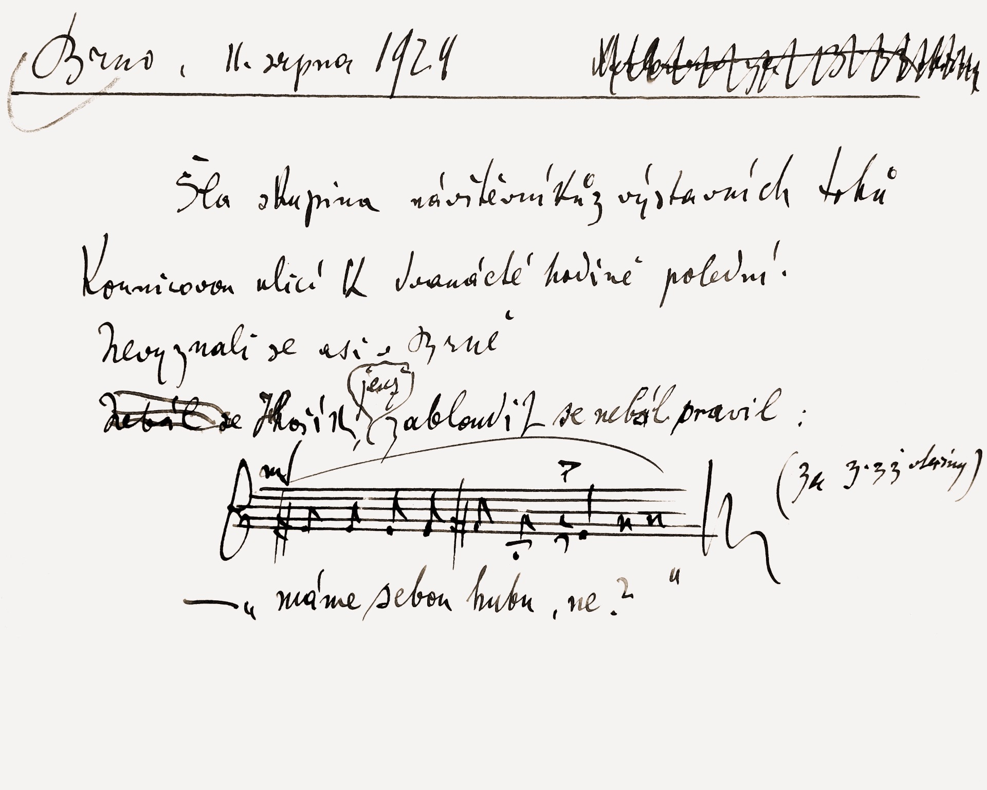 Speech melody: Leoš Janáček noted on 11. 8. 1924: A group of visitors to the trade fair on Kounicova street at midday. Probably strangers to Brno. One of the lads who wasn't afraid of getting lost said, "We've got mouths, don't we?" © Moravian Museum