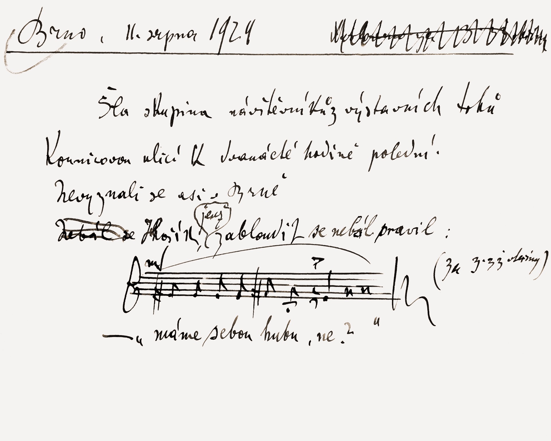 Melodía del habla. Leoš Janáček anotó el 11-8-1924: Iba un grupo de visitantes de las ferias de exposiciones por la calle Kounicova hacia las doce del mediodía. Seguramente no se sabían orientar en Brno. Un chavalito que no temía perderse dijo: "–Tenemos boca, ¿no?–". © Museo Regional Moravo