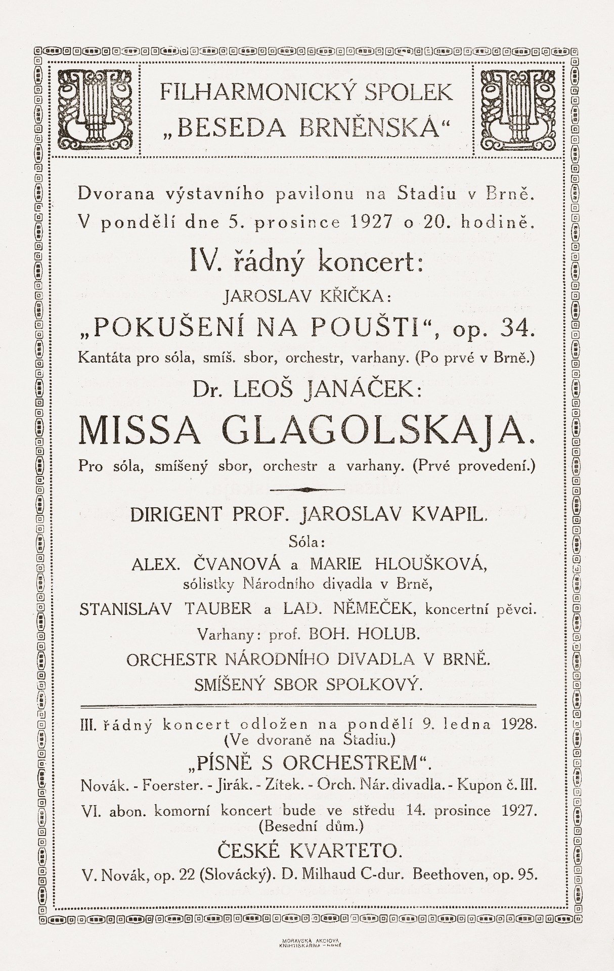 Concert programme for 5. 12. 1927, which included the world premiere of the Glagolitic Mass © Moravian Museum
