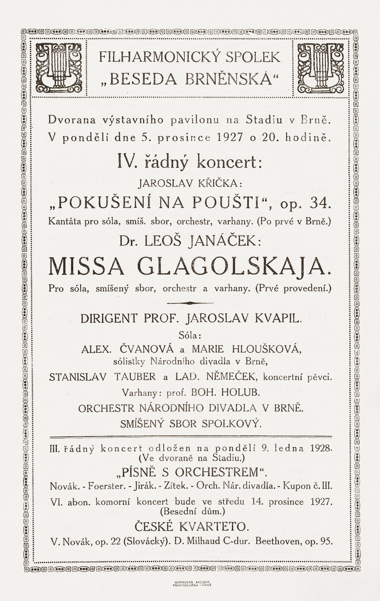 Programm des Konzerts vom 5. 12. 1927, in dessen Rahmen erstmals die Glagolitische Messe erklang © Moravské zemské muzeum 