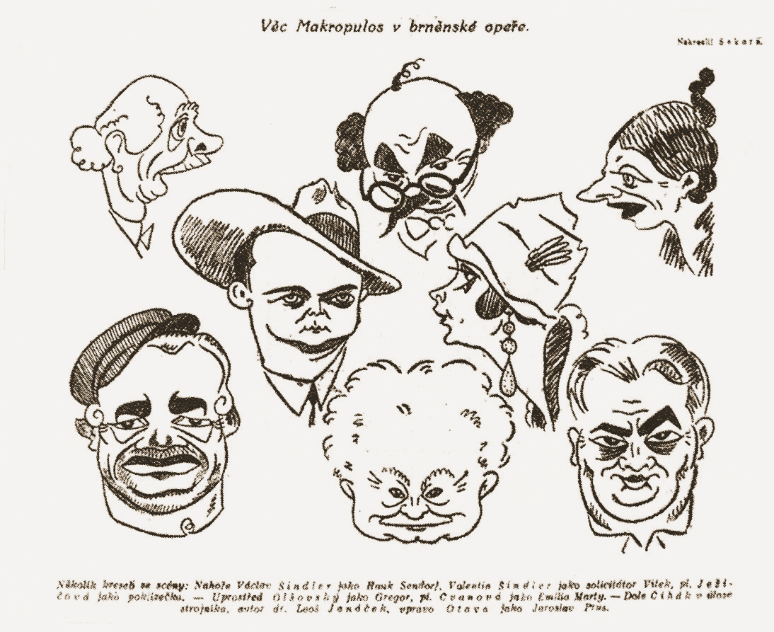 Karikaturen Janáčeks und der Figuren aus der Oper Die Sache Makropulos von Ondřej Sekora, erschienen in den Lidové noviny am 30.12.1926 © Moravské zemské muzeum