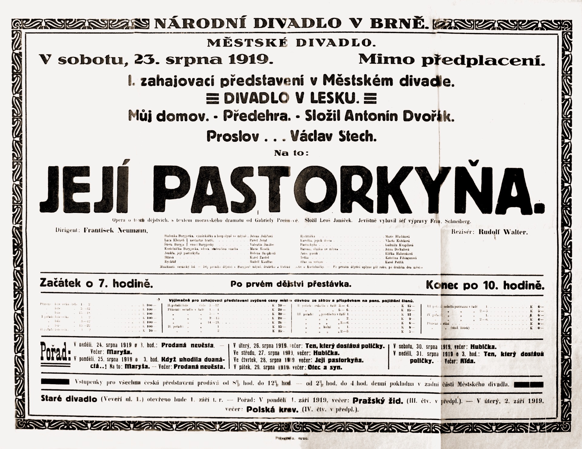 Cartel para el primer espectáculo ceremonial (Jenůfa) del Teatro Nacional Checo en el Teatro Municipal (hoy Mahen) (23-8-1919) © Museo Regional Moravo