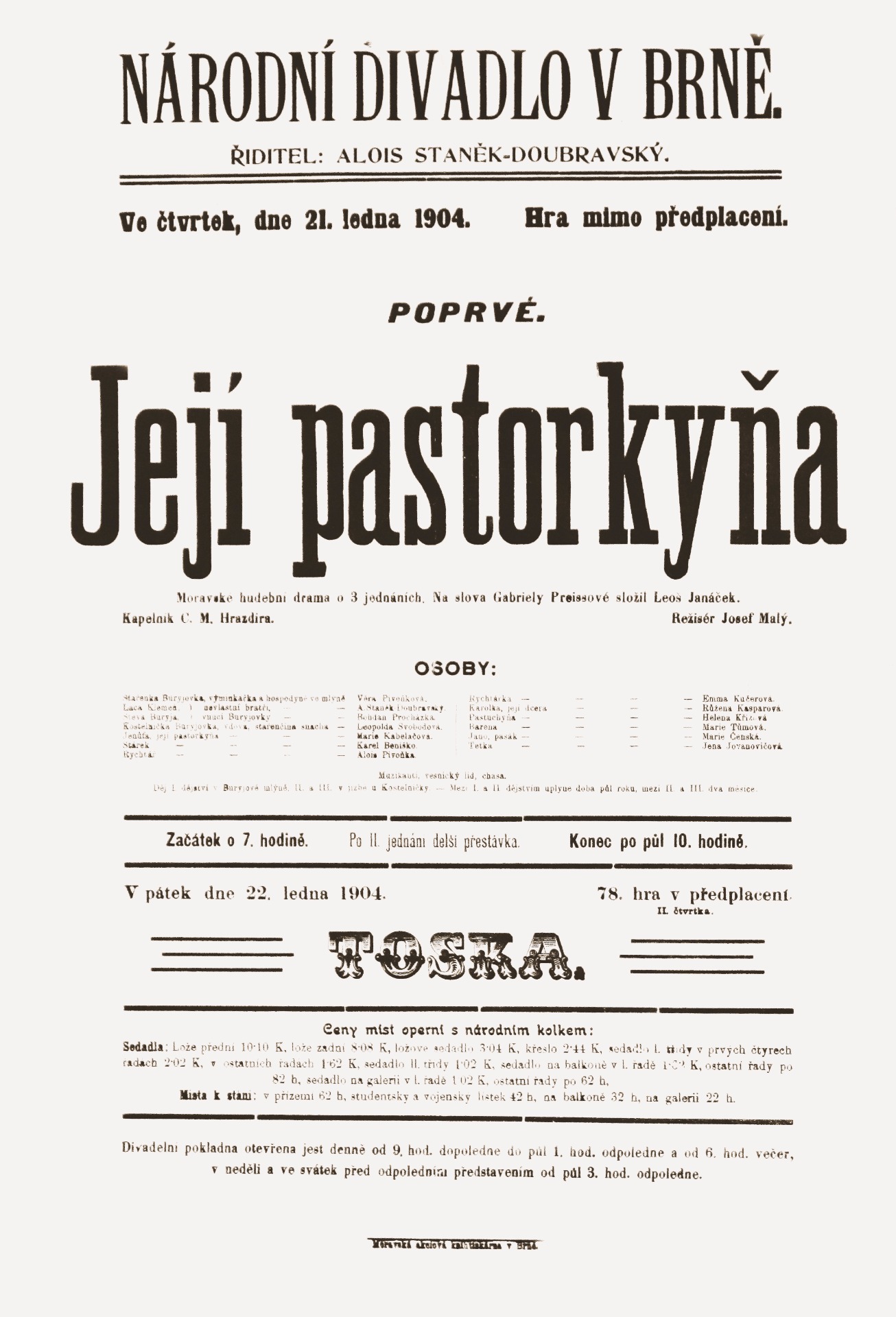 Plakát ke světové premiéře opery Její pastorkyňa (21. 1. 1904) © Moravské zemské muzeum