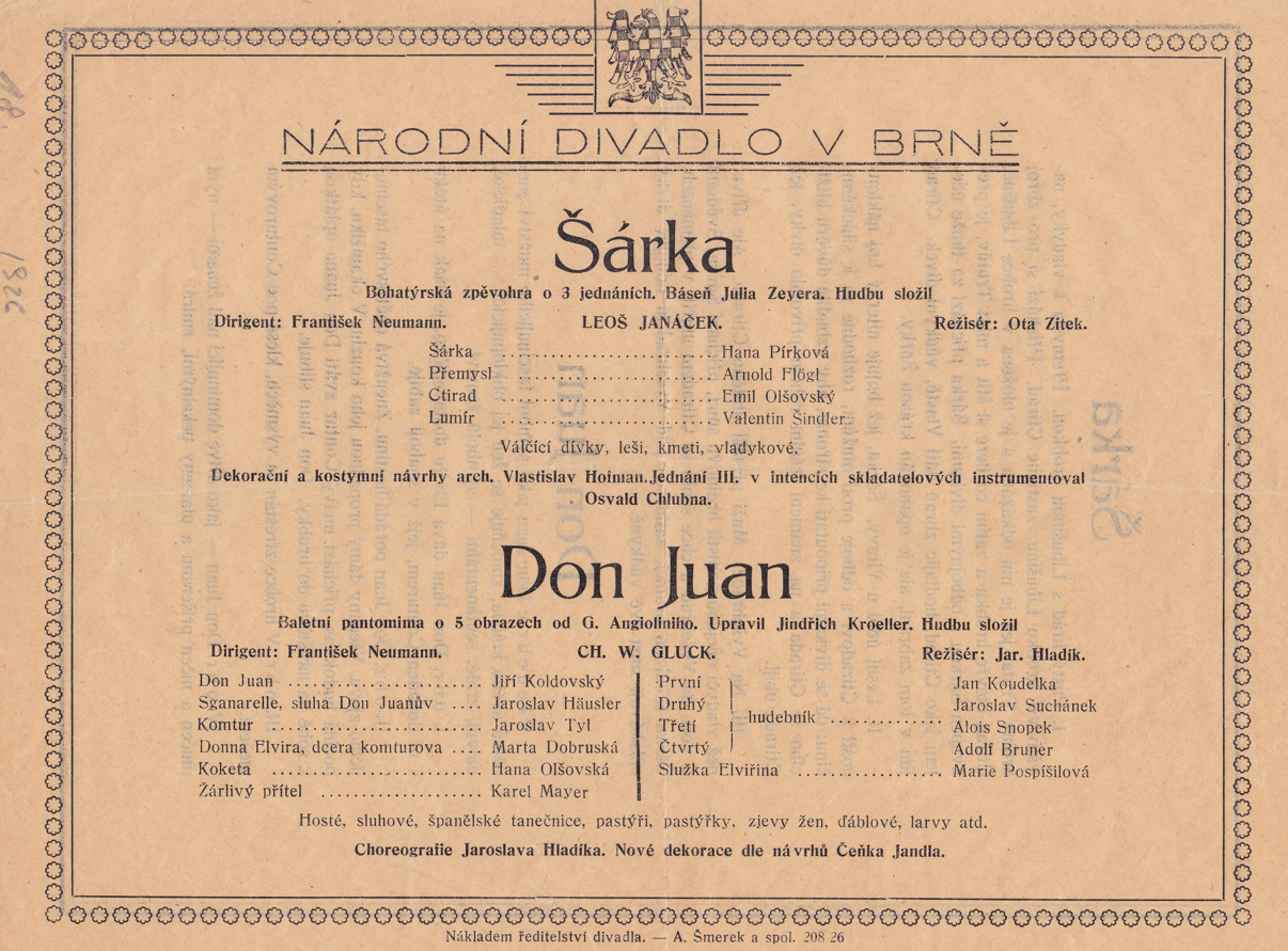 Divadelní cedule ke světové premiéře Šárky 11. 11. 1925 v Národním divadle v Brně © Moravské zemské muzeum