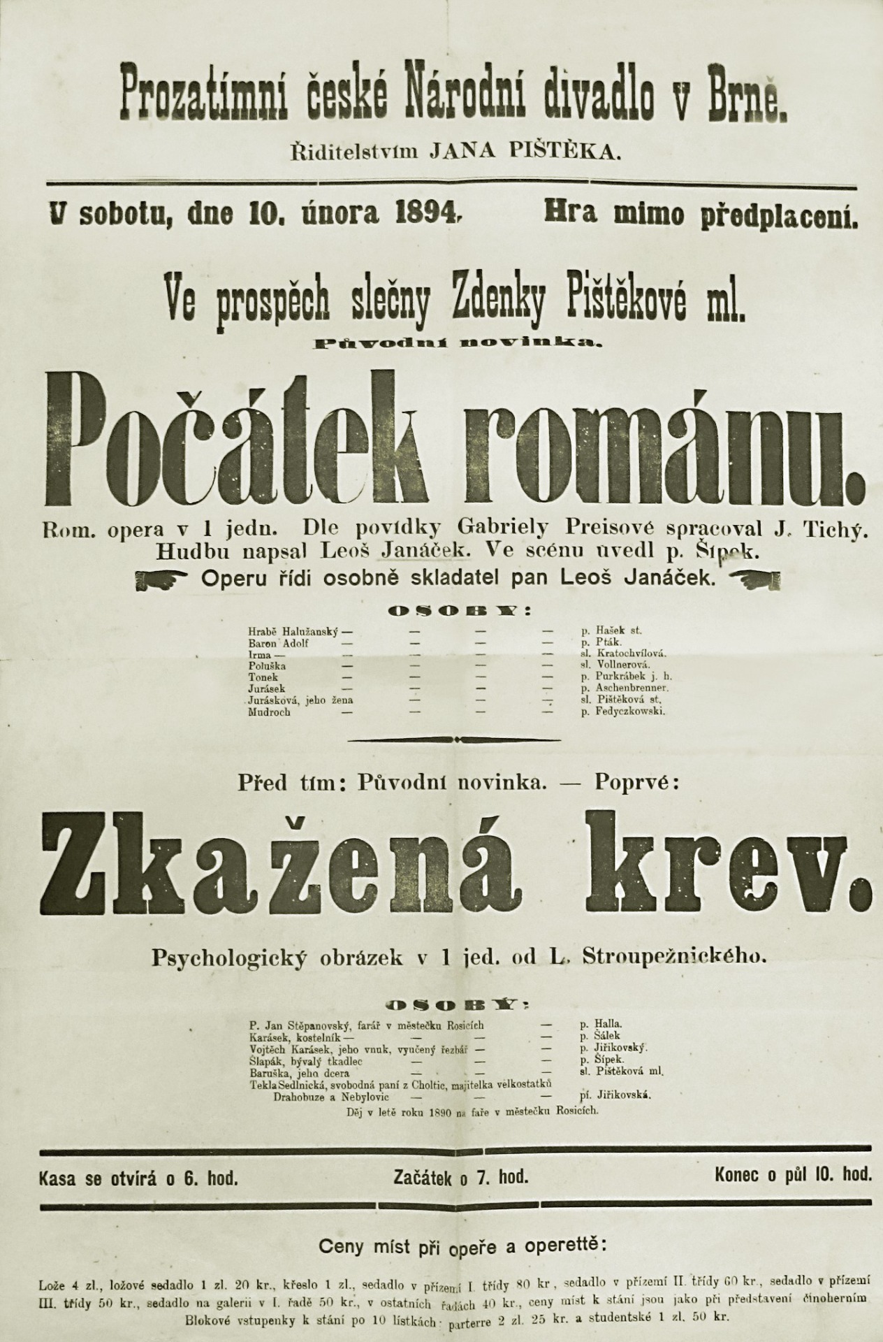 Divadelní cedule ke světové premiéře opery Počátek románu 10. 2. 1894 v Národním divadle v Brně © Moravské zemské muzeum
