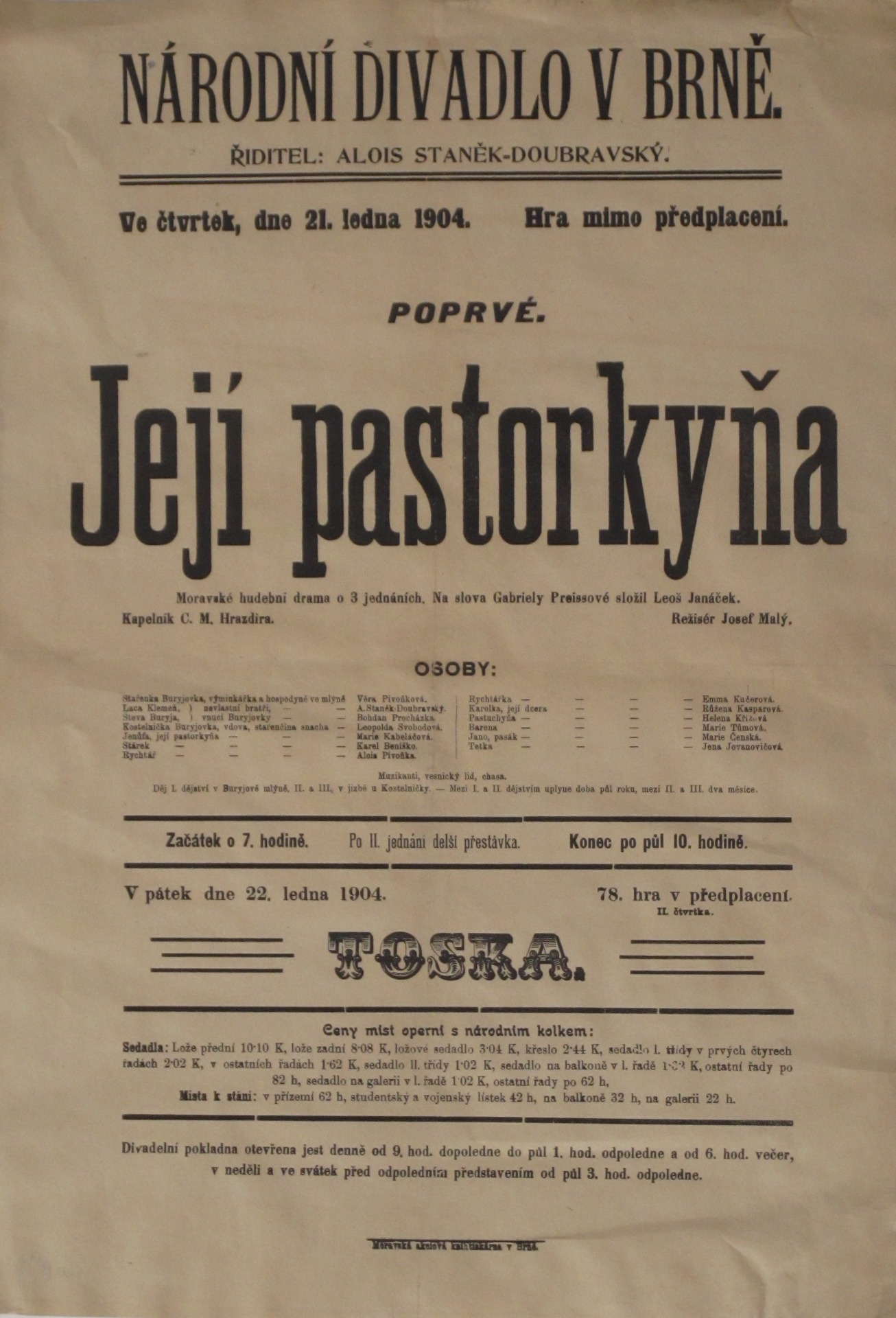 Theatre poster for the world premiere of Jenůfa on 21 January 1904 at the National Thetre in Brno © Moravian Museum