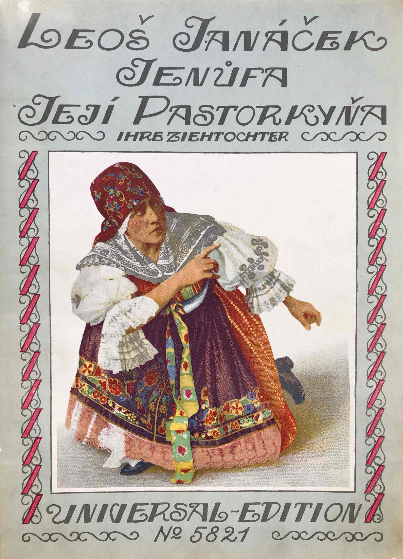 Piano-vocal score of Jenůfa, with the title-page figure based on Gabriela Horvátová, the first Prague Kostelnička.