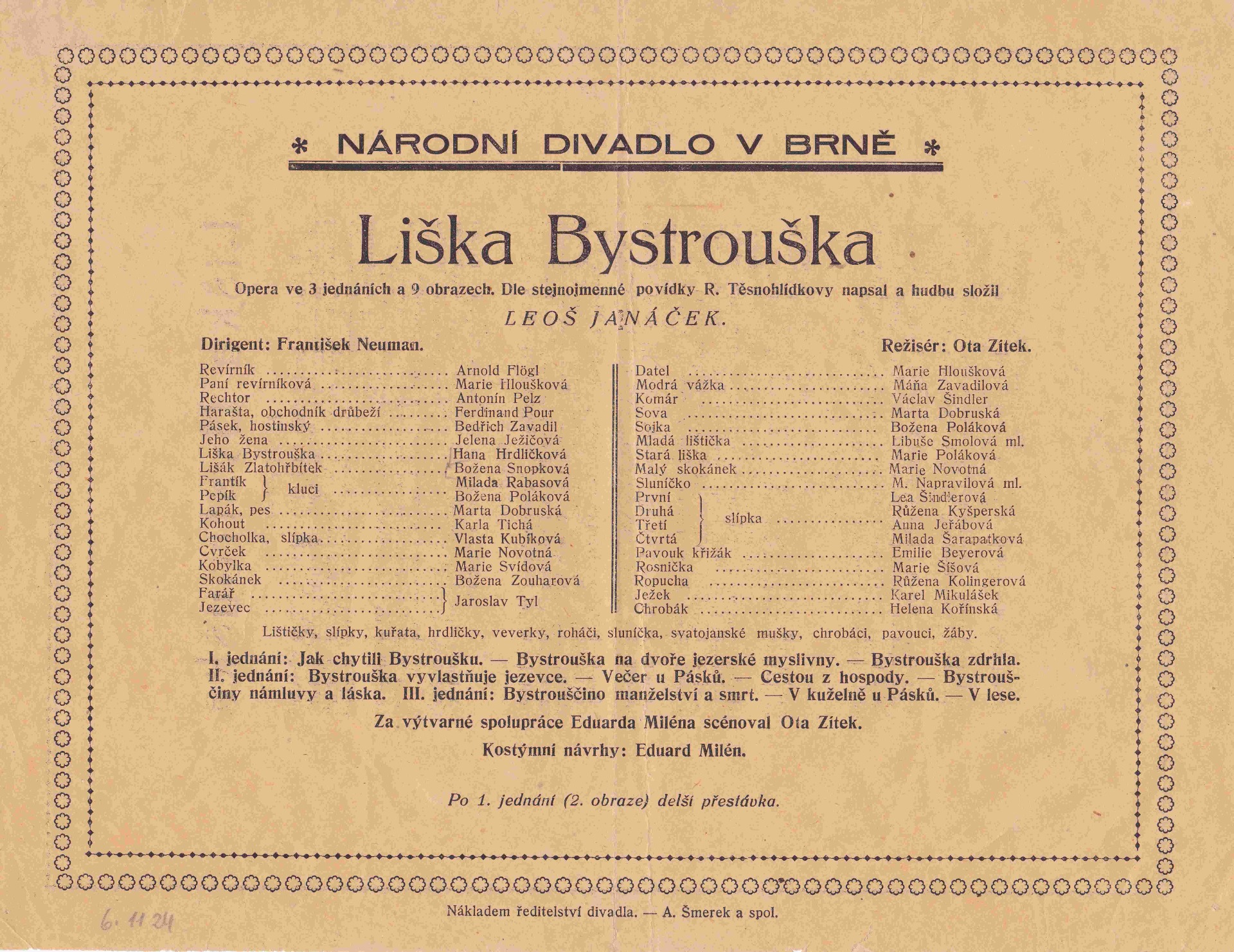 Theaterplakat für die Uraufführung von Das schlaue Füchslein am 6. November 1924 im Nationaltheater in Brno © Mährisches Museum