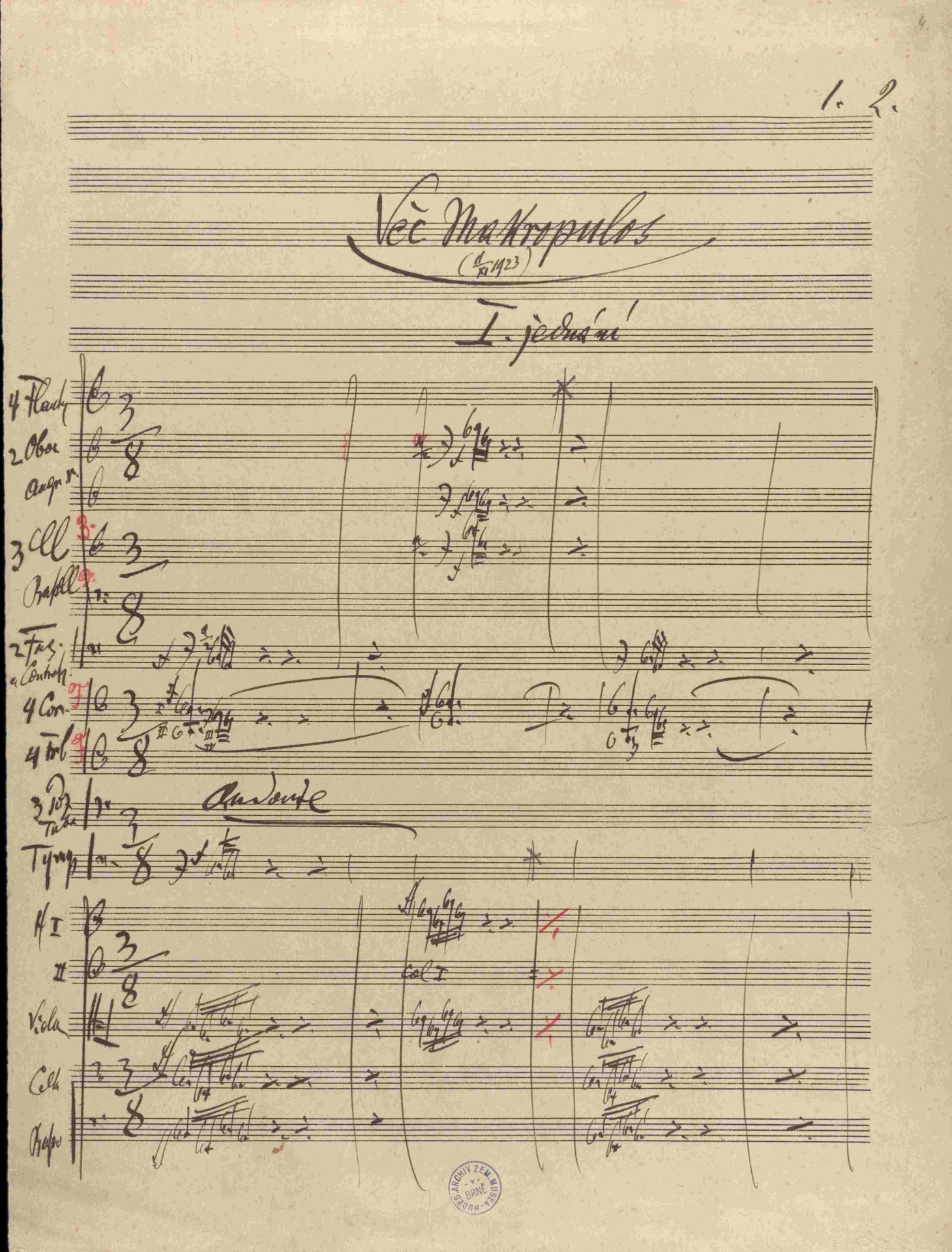 Page from Janáček's autograph of the opera The Makropulos Case © Moravian Museum