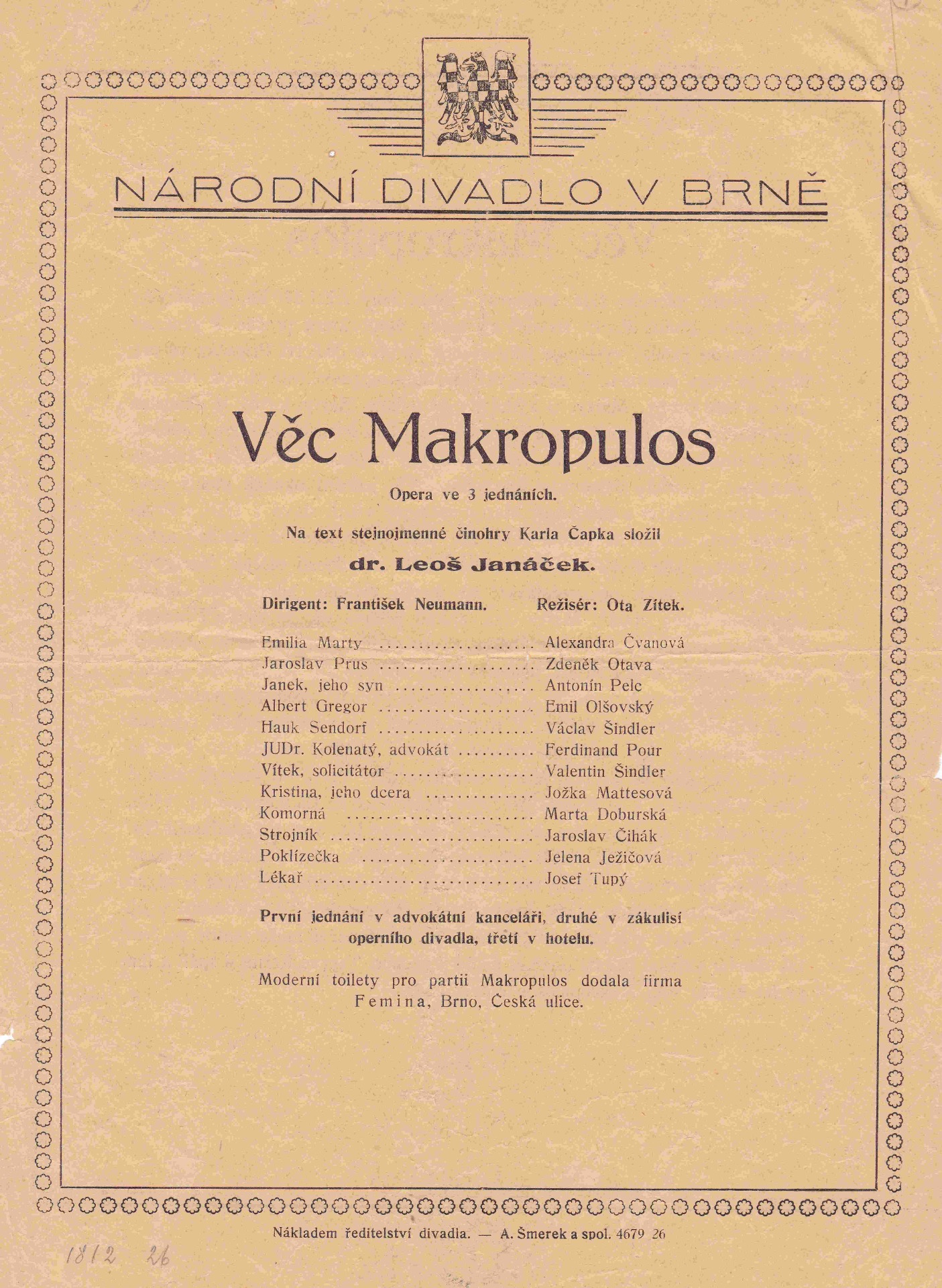Theatre poster for the world premiere of The Makropulos Affair on 18 December 1926 at the National Thetre in Brno. Unfortunately, neither the set designs, costumes, nor photographs from the first production have survived © Moravian Museum