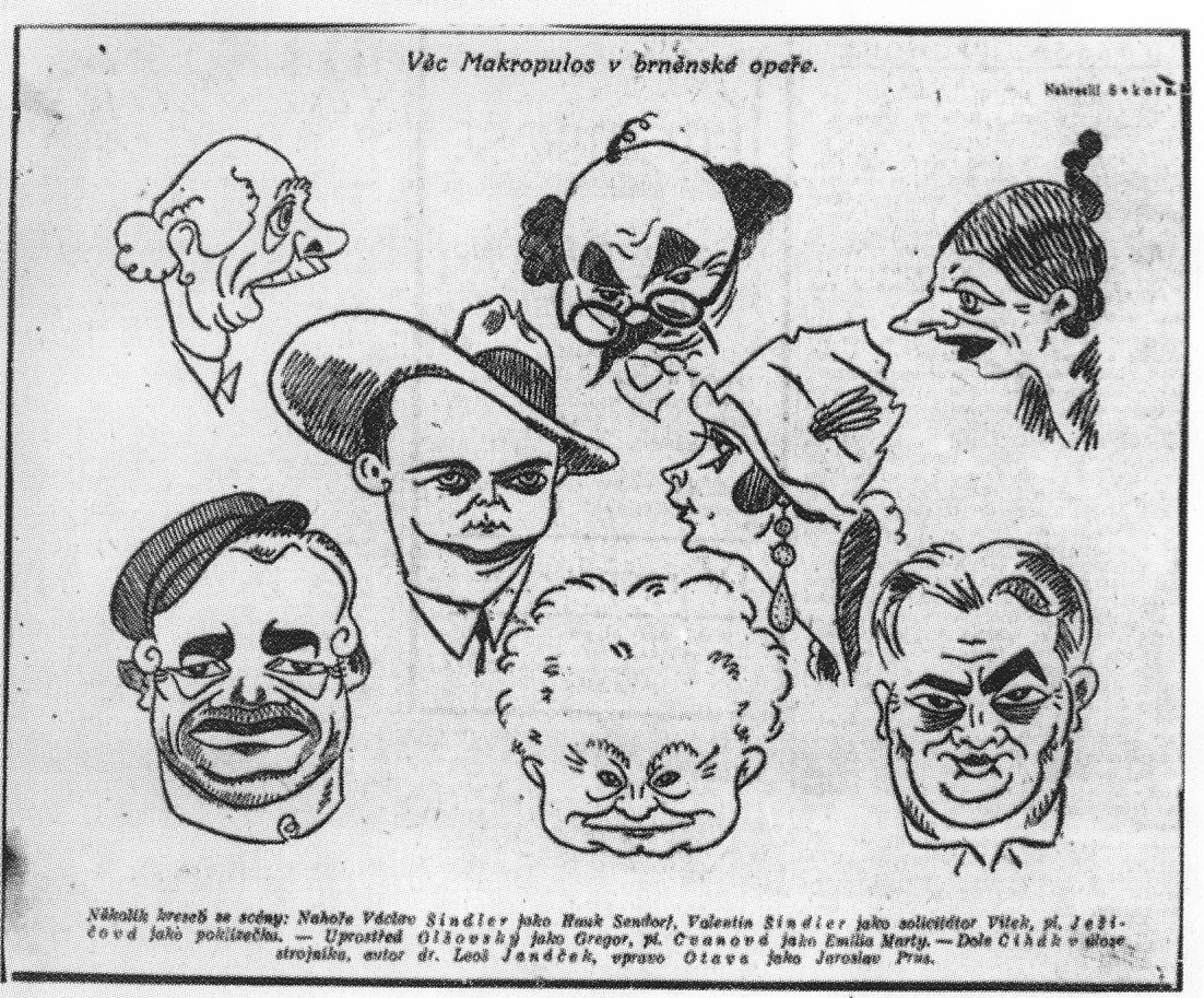 A caricature of Leoš Janáček and characters from the opera The Makropulos Case by artist Ondřej Sekora published in the Lidové noviny newspaper on 30 December 1926 © Moravian Museum